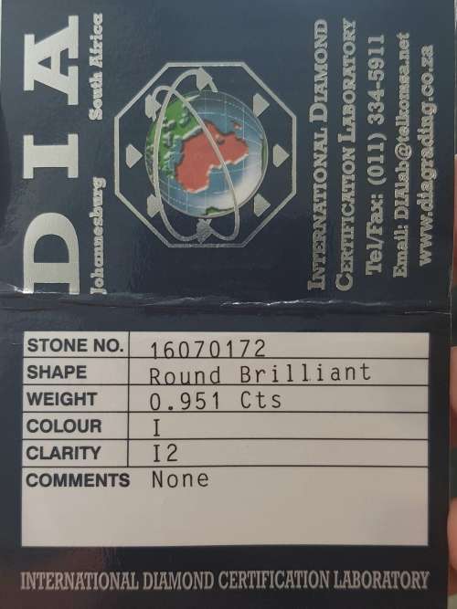 **CERTIFIED | R49212** HUGE | 0.951ct ROUND CUT | COLOUR I | DIAMOND | SOUTH AFRICA - BUY SAFE