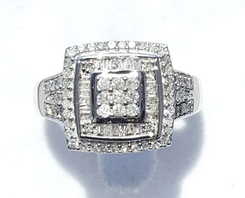 **DOUBLE HALO | R31632** ROUND / BAGUETTE CUT | 0.750ct | DIAMOND RING | WHITE GOLD - BUY SAFE
