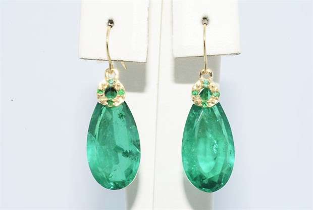 **DROP EARRINGS [R30467]** BOTTLE GREEN EMERALD [12.08ct] EARRINGS [YELLOW GOLD] -  BUY SAFE