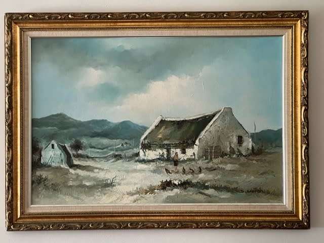 Oil Painting on Board by S Harper South Africa Framed Fishing Village 106cm x 77 cm