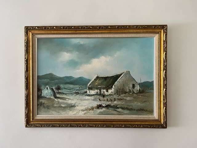 Oil Painting on Board by S Harper South Africa Framed Fishing Village 106cm x 77 cm