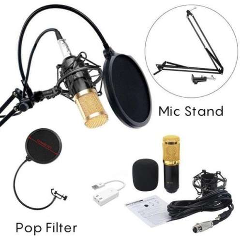 M-800 Professional Recording Microphone with Metal Shock Mount Phone Stand Filter and Sound Card
