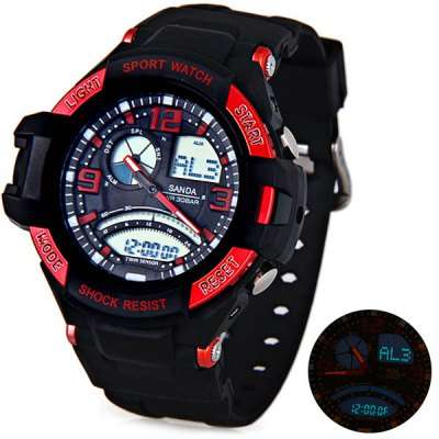 Sanda 280 LED Military Watch GMT Stopwatch RED, Date Wristwatch for Sports