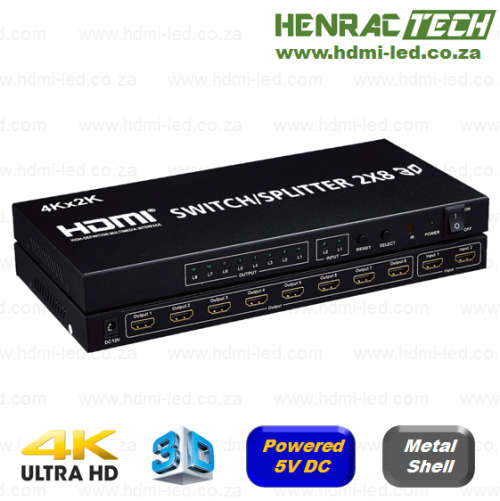 2x8 HDMI SWITCH-SPLITTER, Ultra HD (4K), remote, powered 5VDC, supports 3D
