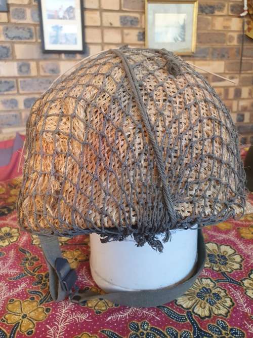 SADF Border War infantry helmet with camo net and strap