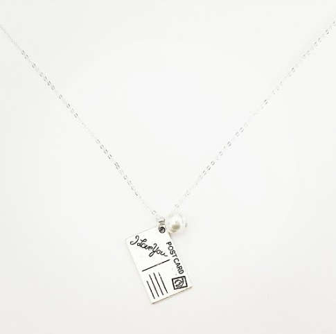 Stunning Love postcard pendant with pearl charm and chain