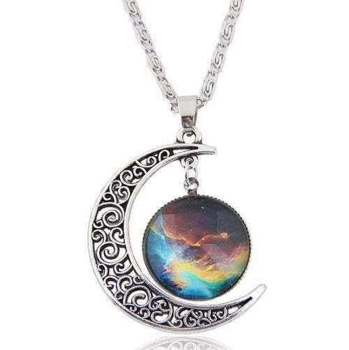 Stunning Galaxy moon pendant and chain rainbow