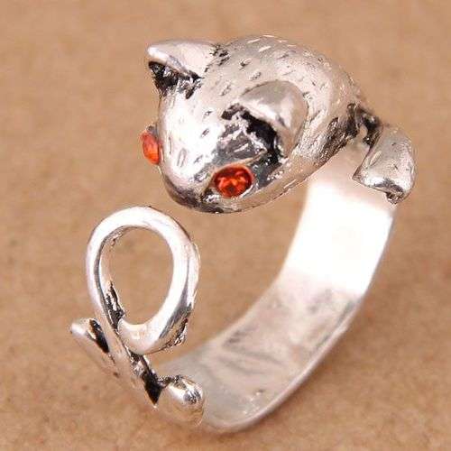 Tibetan silver Cat ring with red crystal eyes