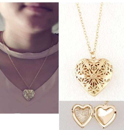 Stunning 9ct gold plated lace design heart locket and chain