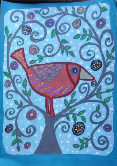Stunning Folkart bird in a tree. Acrylic done on a light board. A4 size. Artist HS