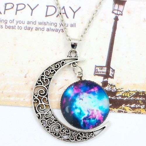 Gorgeous Tibetan silver Galaxy nebula and moon pendant and chain