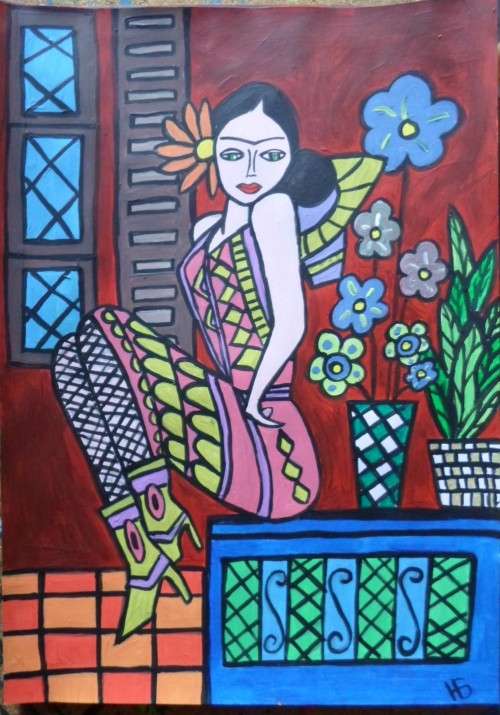 Gorgeous folkart Frida mexican days. Acrylic done on a light board. A4 size. Artist HS
