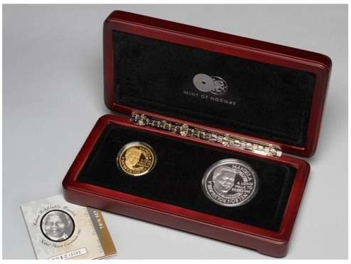 Certified Gold Coins: Mandela Red Ribbon G/S Twin Set 2012 & 1993 1/4 Quarter Ounce Proof Krugerrand