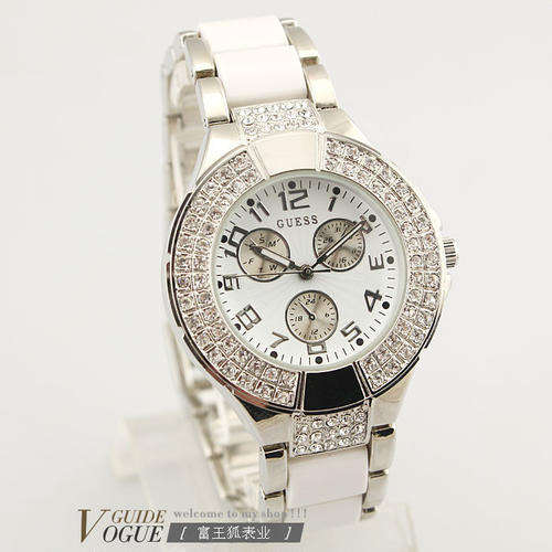 "GUESS" - Gorgeous Crystal 3-Eyed-Dial Watch- High Quality - Silver with White Face - Free Gift Box