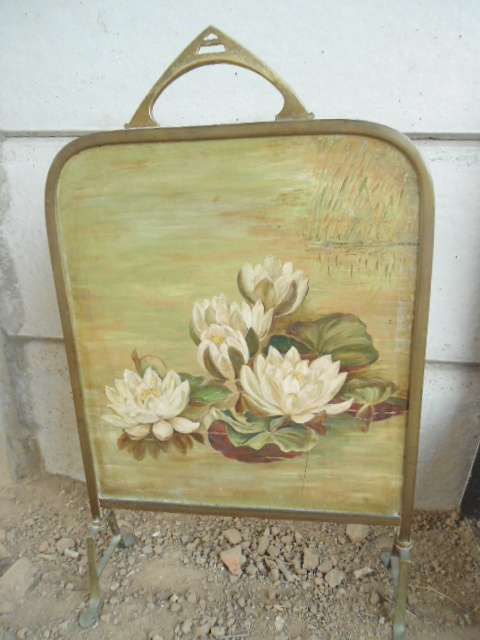 Lovely antique Brass Floral Painted Mirror Fireplace Fire Screen Guard. shipping R120
