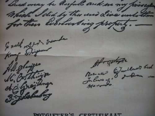 Deed of Cession between Piet Retief and Dingaan on 4 Feb 1838 - Copy framed behind glass