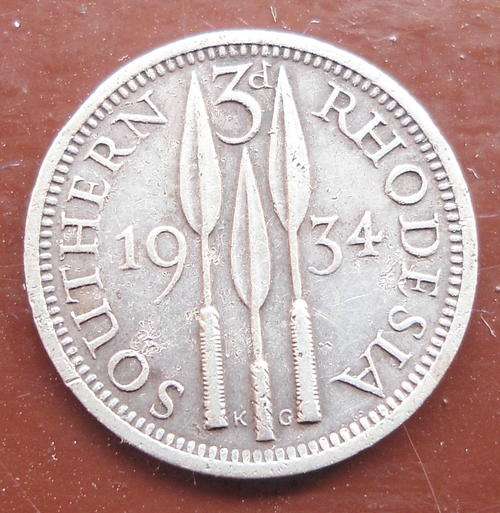 SOUTHERN RHODESIA 1934 3 PENCE COIN - SUPER COIN - SCARES - LOW MINTAGE .925 SILVER