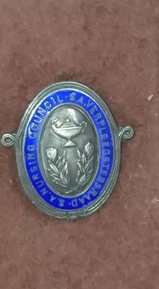 Pair S. A. NURSING COUNCIL ENAMEL & SILVER BADGES GOOD CONDITION