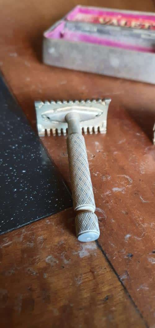 Two Vintage Razors + Silver Plated Container