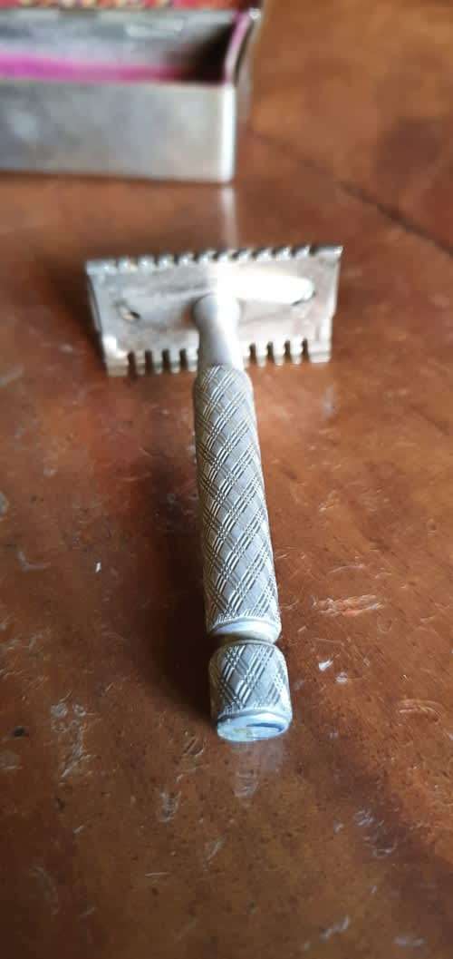 Two Vintage Razors + Silver Plated Container