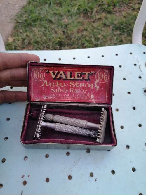 Two Vintage Razors + Silver Plated Container