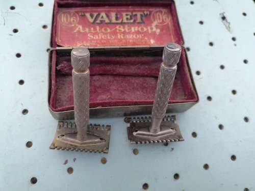 Two Vintage Razors + Silver Plated Container