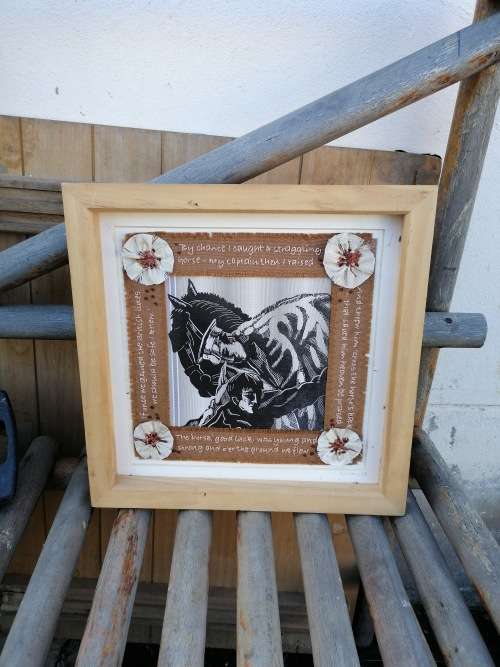 Rare find a nicki vowls LINOPRINT with poem White poppies from World War 1 stitching