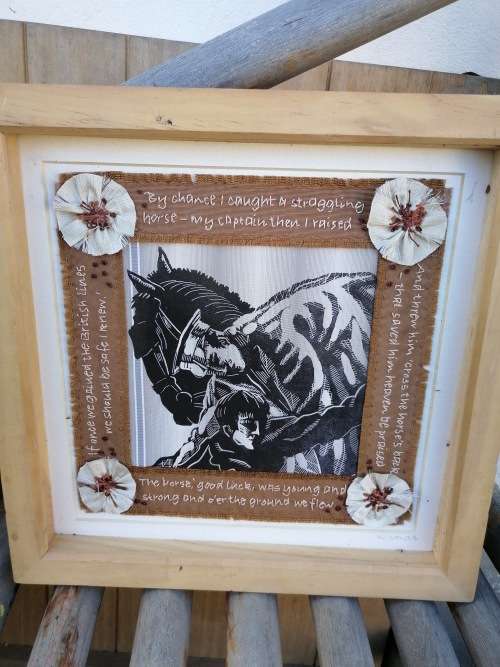 Rare find a nicki vowls LINOPRINT with poem White poppies from World War 1 stitching