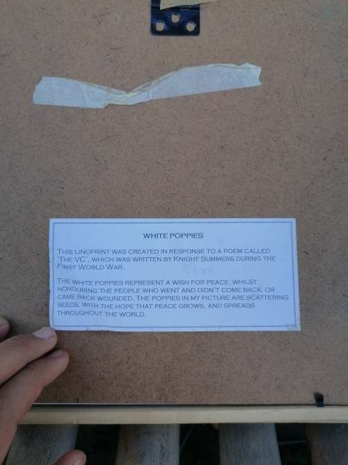 Rare find a nicki vowls LINOPRINT with poem White poppies from World War 1 stitching