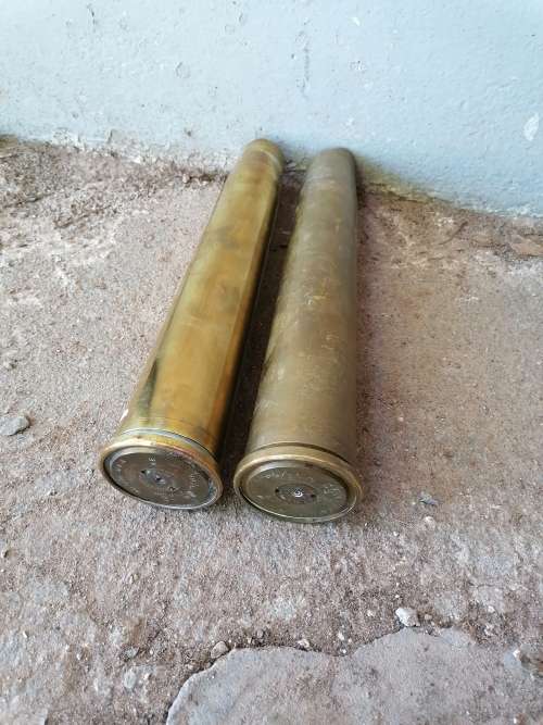 2 brass canon shells 31cm tall