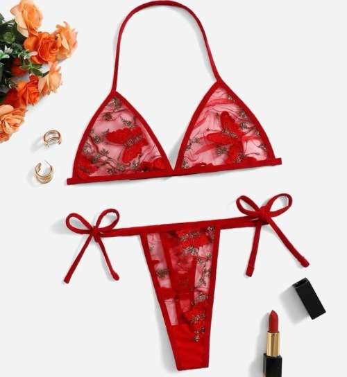 **Winter Sizzling Deals : Floral Embroidered Mesh triangle lingerie set**