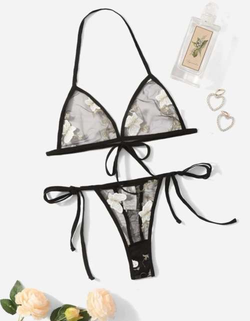 **80% Off Black Friday Deals : Floral Embroidered Mesh triangle lingerie set**