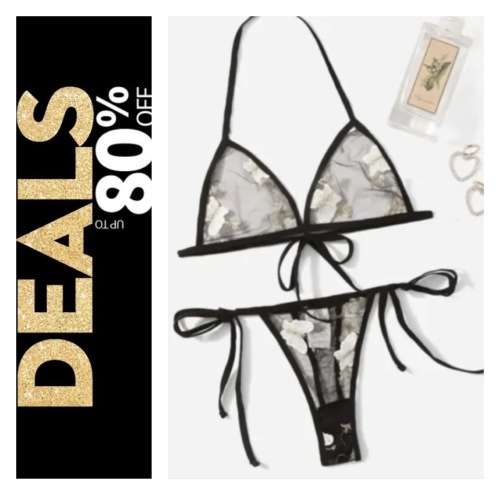 **80% Off Black Friday Deals : Floral Embroidered Mesh triangle lingerie set**