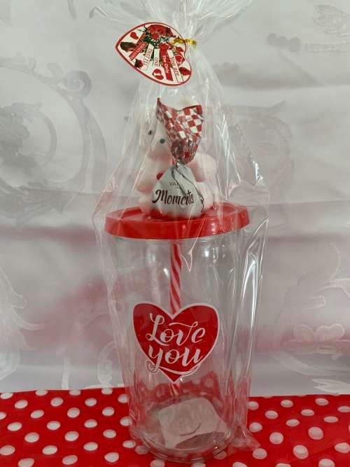 **Valentines Day Sale : Gorgeous Large glass  with lid, straw and teddy Gift combo**