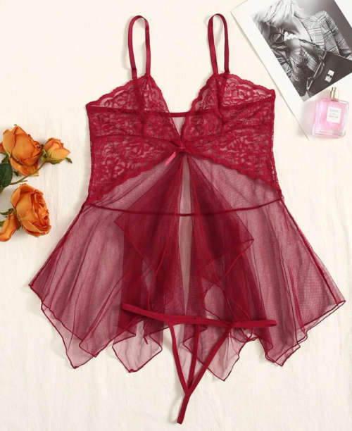 **Crazy Easter Sale : Contrast Lace Sheer mesh lingerie with matching thong**