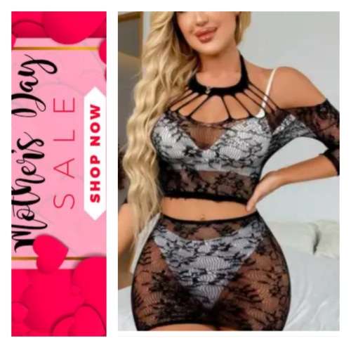 **Mothers Day Specials : 2 Piece mesh hollow out halter off shoulder lingerie set**