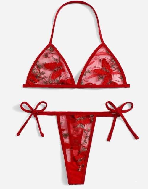 **June Specials : Floral Embroidered Mesh triangle lingerie set**