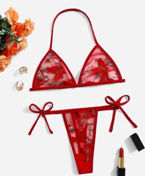 **June Specials : Floral Embroidered Mesh triangle lingerie set**