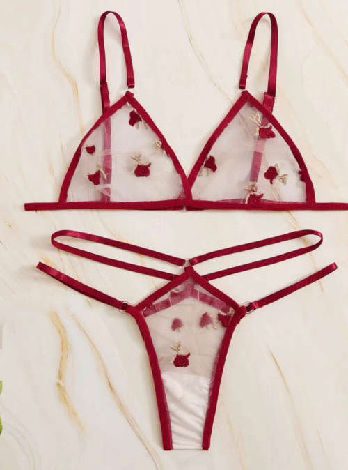 **80% Off : Floral Embroidered Mesh triangle lingerie set**