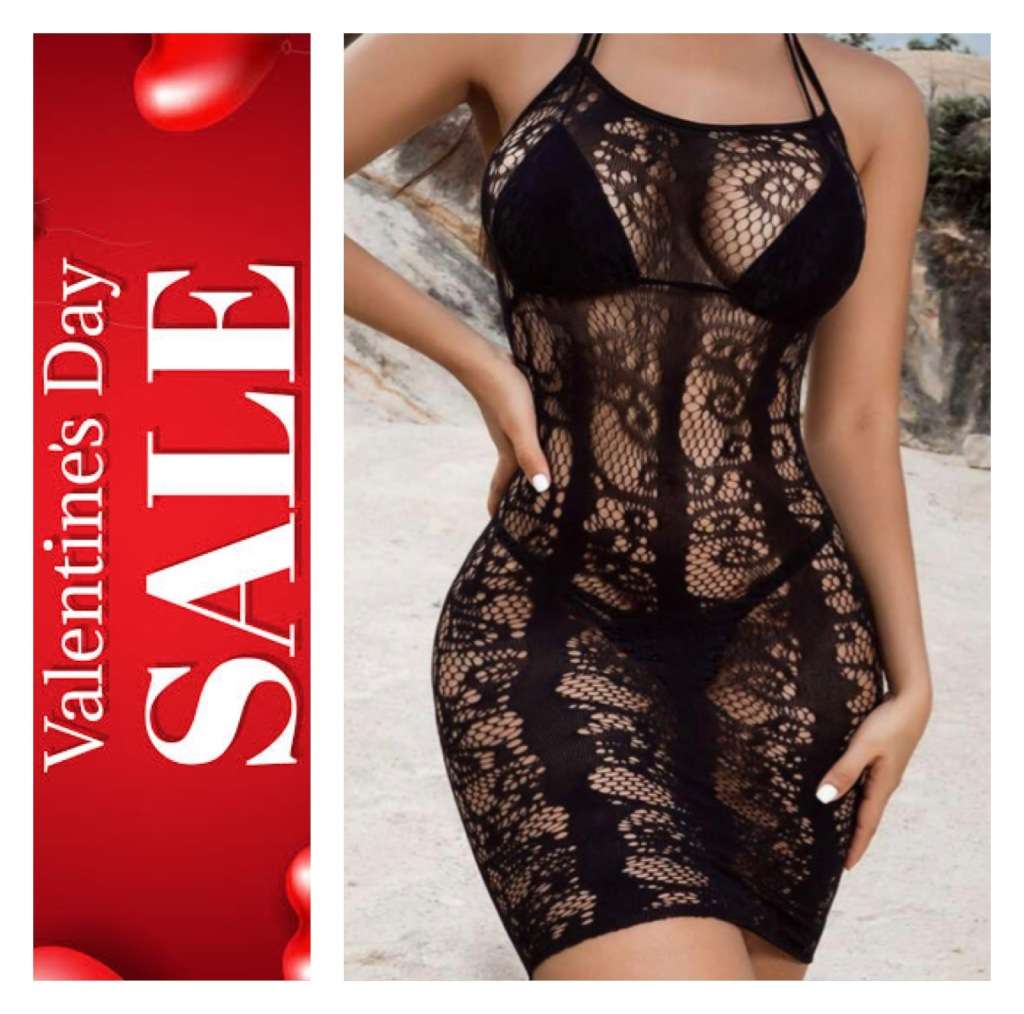 **Valentines Day Sale: Longer length Halter neck lace fishnet bodycon dress**