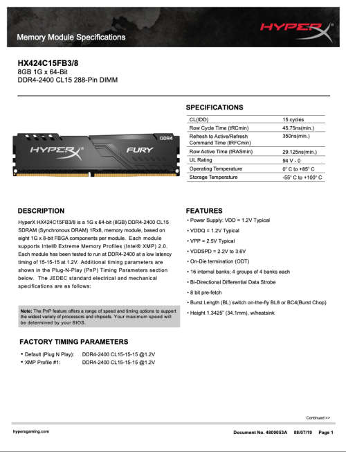 HYPER X FURY BLACK 8GB 1G x 64-Bit DDR4-2400 CL15 288-Pin DIMM