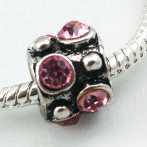 Pink Crystal Round Sterling Silver Plated Pandora Style Charm Bead (NOT cheap alloy - NO Nickel)