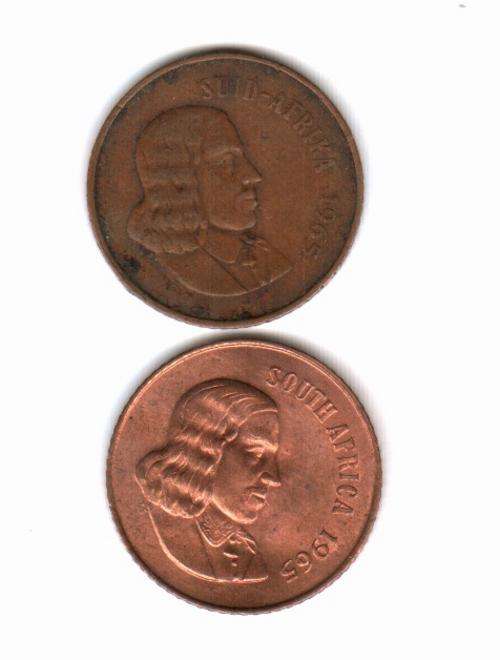 WOW TWO 1965 2 CENTS COINS SOUTH AND SUID AFRIKA .