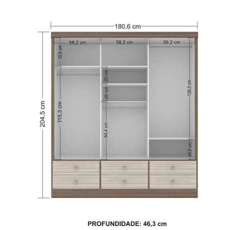 Wardrobe 3 Doors and 6 Drawers sliding