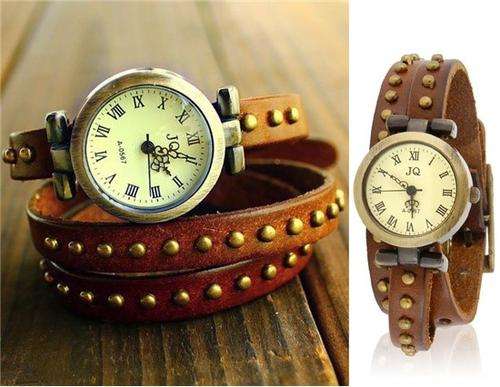 |SALE| Stunning Rivet Decorated Three-Loops Cowhide Genuine Leather Bracelet Analog Wrist Watch..!