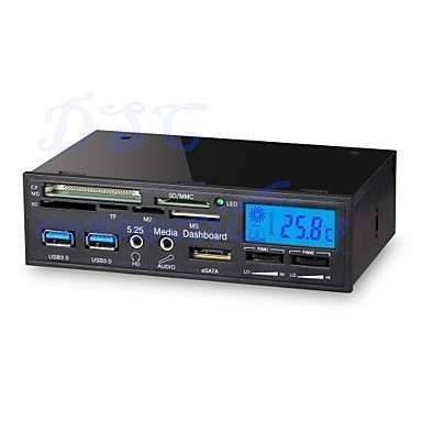 5.25 Inch 6-in-1 USB 3.0 Multi-function LCD Fan Controller Panel Media Dashboard Card Reader (Black)