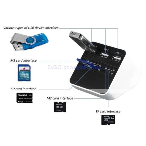 All-in-1 USB 2.0 Card Reader USB Hub 3x USB+MS/SD/M2/TF Card Reader 7 Slots USB Combo (White+Black)