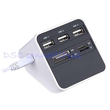 All-in-1 USB 2.0 Card Reader USB Hub 3x USB+MS/SD/M2/TF Card Reader 7 Slots USB Combo (White+Black)