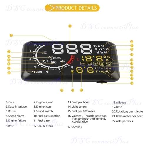 5.5` OBDII Car HUD OBD2 Port Digital Head Up Display Windshield Speed Projector Warning System Alarm