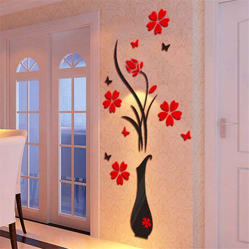 Home Decor DIY Vase Flower Tree Crystal Arcylic 3D Wall Sticker Decal (Red+Black)..!